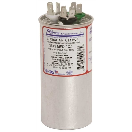 Amrad Engineering ROUND USA-MADE MOTOR RUN CAPACITOR, 35/5 MFD, 370/440 VAC USA2227